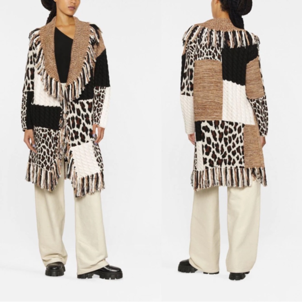 Alice + Olivia Griselda Fringe Patchwork Cardigan Sweater Coat Size Medium